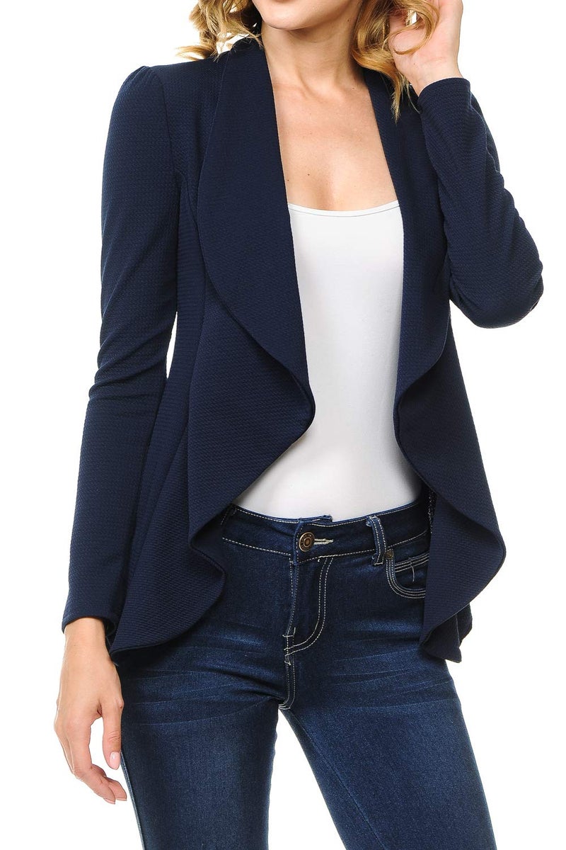 MINEFREE Women's Long Sleeve Classic Draped Open Front Lightweight Blazer Solid Navy L - Image 2